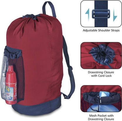 Backpack Laundry Bag, Laundry Backpack with Shoulder Straps and Mesh Pocket Durable Nylon Clothes Hamper Bag with Drawstring Closure for College, Travel, Laundromat, Apartment