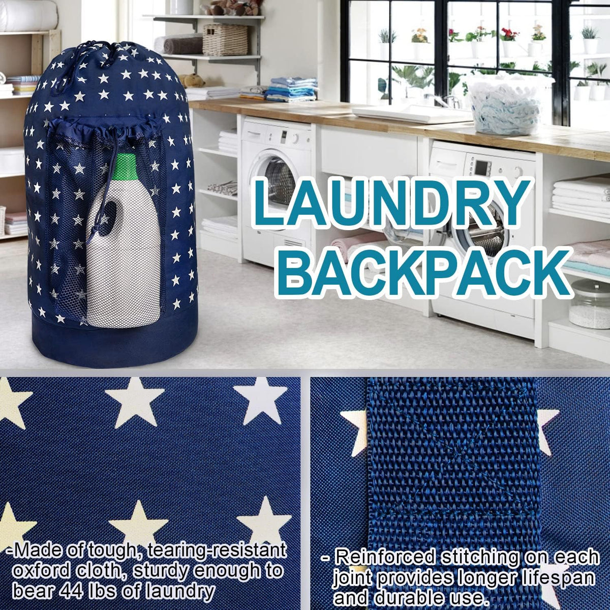 Backpack Laundry Bag, Laundry Backpack with Shoulder Straps and Mesh Pocket Durable Nylon Clothes Hamper Bag with Drawstring Closure for College, Travel, Laundromat, Apartment