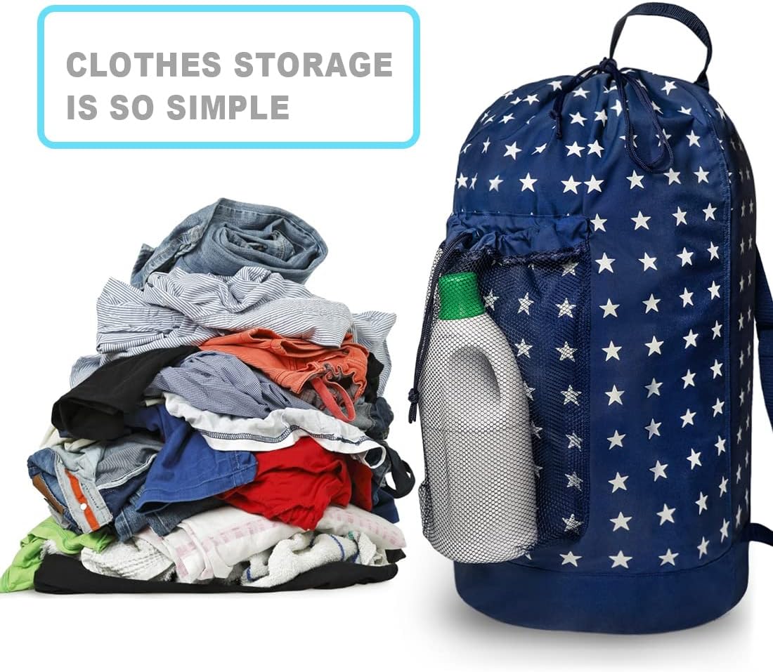 Backpack Laundry Bag, Laundry Backpack with Shoulder Straps and Mesh Pocket Durable Nylon Clothes Hamper Bag with Drawstring Closure for College, Travel, Laundromat, Apartment