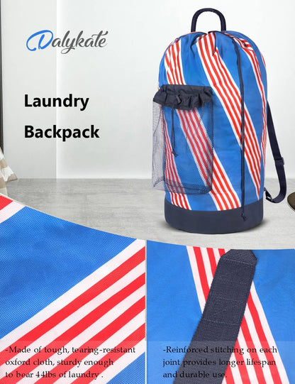 Backpack Laundry Bag, Laundry Backpack with Shoulder Straps and Mesh Pocket Durable Nylon Clothes Hamper Bag with Drawstring Closure for College, Travel, Laundromat, Apartment