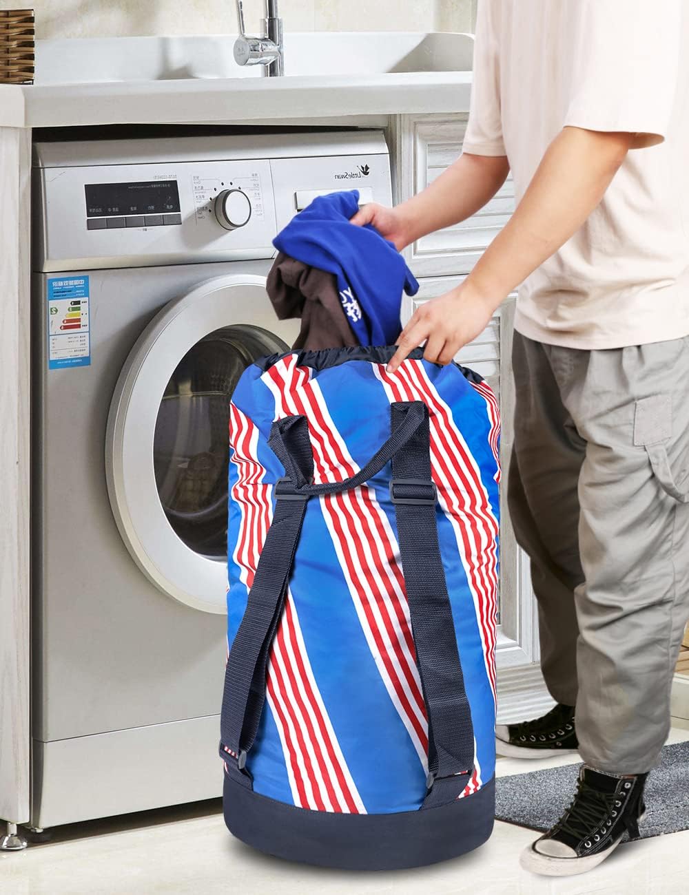 Backpack Laundry Bag, Laundry Backpack with Shoulder Straps and Mesh Pocket Durable Nylon Clothes Hamper Bag with Drawstring Closure for College, Travel, Laundromat, Apartment