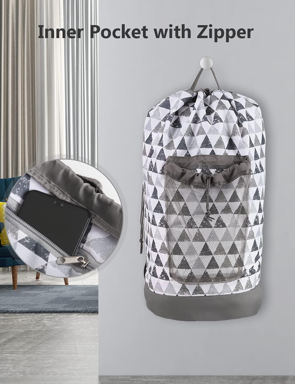 Backpack Laundry Bag, Laundry Backpack with Shoulder Straps and Mesh Pocket Durable Nylon Clothes Hamper Bag with Drawstring Closure for College, Travel, Laundromat, Apartment