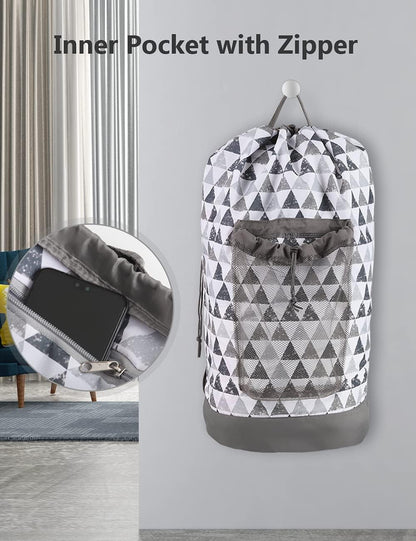 Backpack Laundry Bag, Laundry Backpack with Shoulder Straps and Mesh Pocket Durable Nylon Clothes Hamper Bag with Drawstring Closure for College, Travel, Laundromat, Apartment