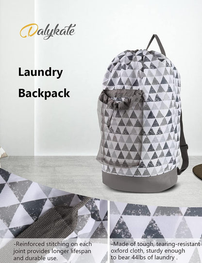 Backpack Laundry Bag, Laundry Backpack with Shoulder Straps and Mesh Pocket Durable Nylon Clothes Hamper Bag with Drawstring Closure for College, Travel, Laundromat, Apartment
