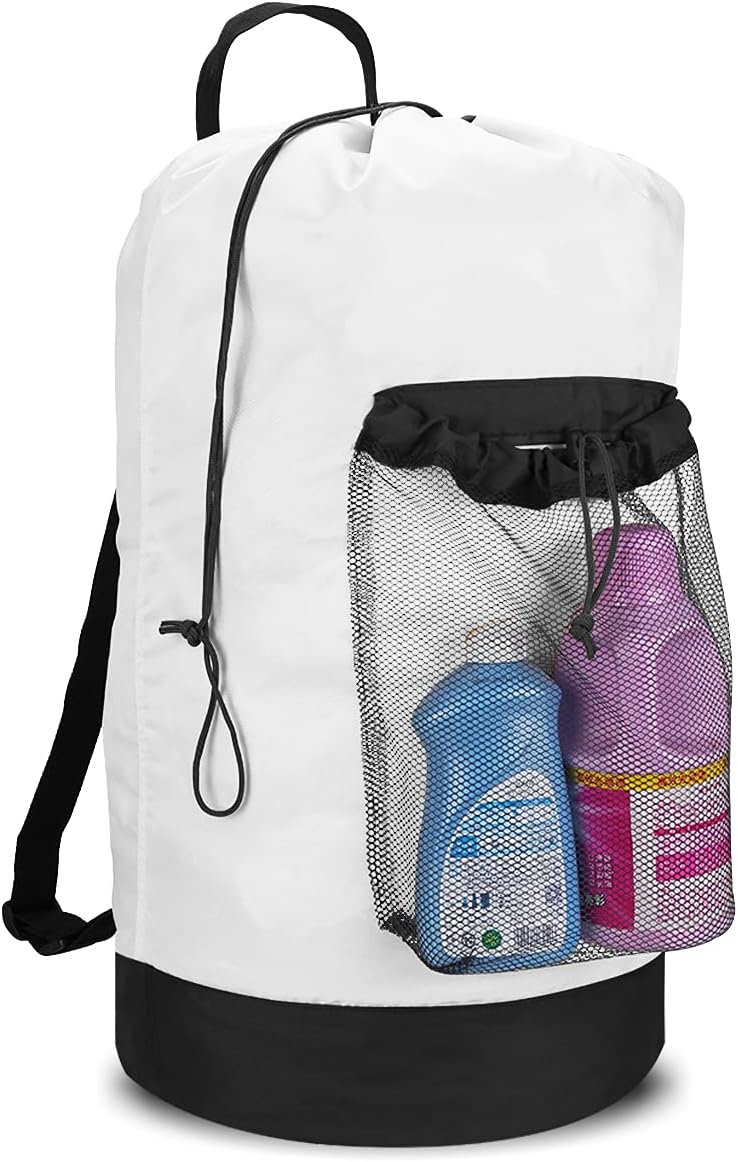 Backpack Laundry Bag, Laundry Backpack with Shoulder Straps and Mesh Pocket Durable Nylon Clothes Hamper Bag with Drawstring Closure for College, Travel, Laundromat, Apartment