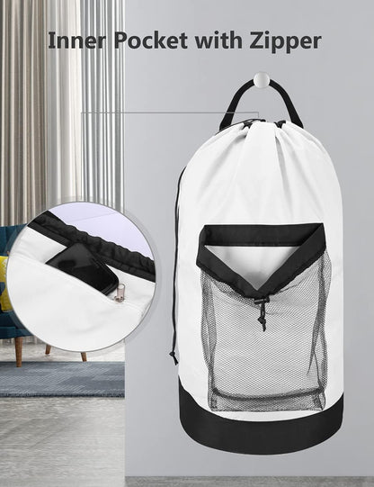 Backpack Laundry Bag, Laundry Backpack with Shoulder Straps and Mesh Pocket Durable Nylon Clothes Hamper Bag with Drawstring Closure for College, Travel, Laundromat, Apartment