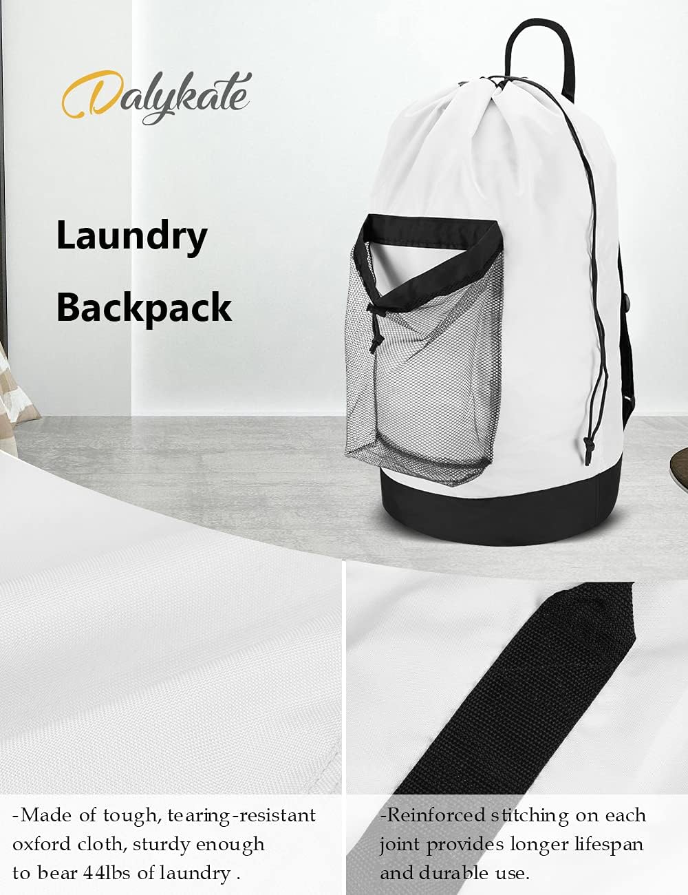 Backpack Laundry Bag, Laundry Backpack with Shoulder Straps and Mesh Pocket Durable Nylon Clothes Hamper Bag with Drawstring Closure for College, Travel, Laundromat, Apartment