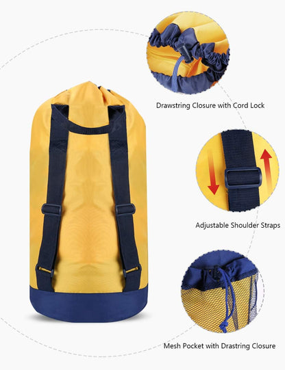 Backpack Laundry Bag, Laundry Backpack with Shoulder Straps and Mesh Pocket Durable Nylon Clothes Hamper Bag with Drawstring Closure for College, Travel, Laundromat, Apartment