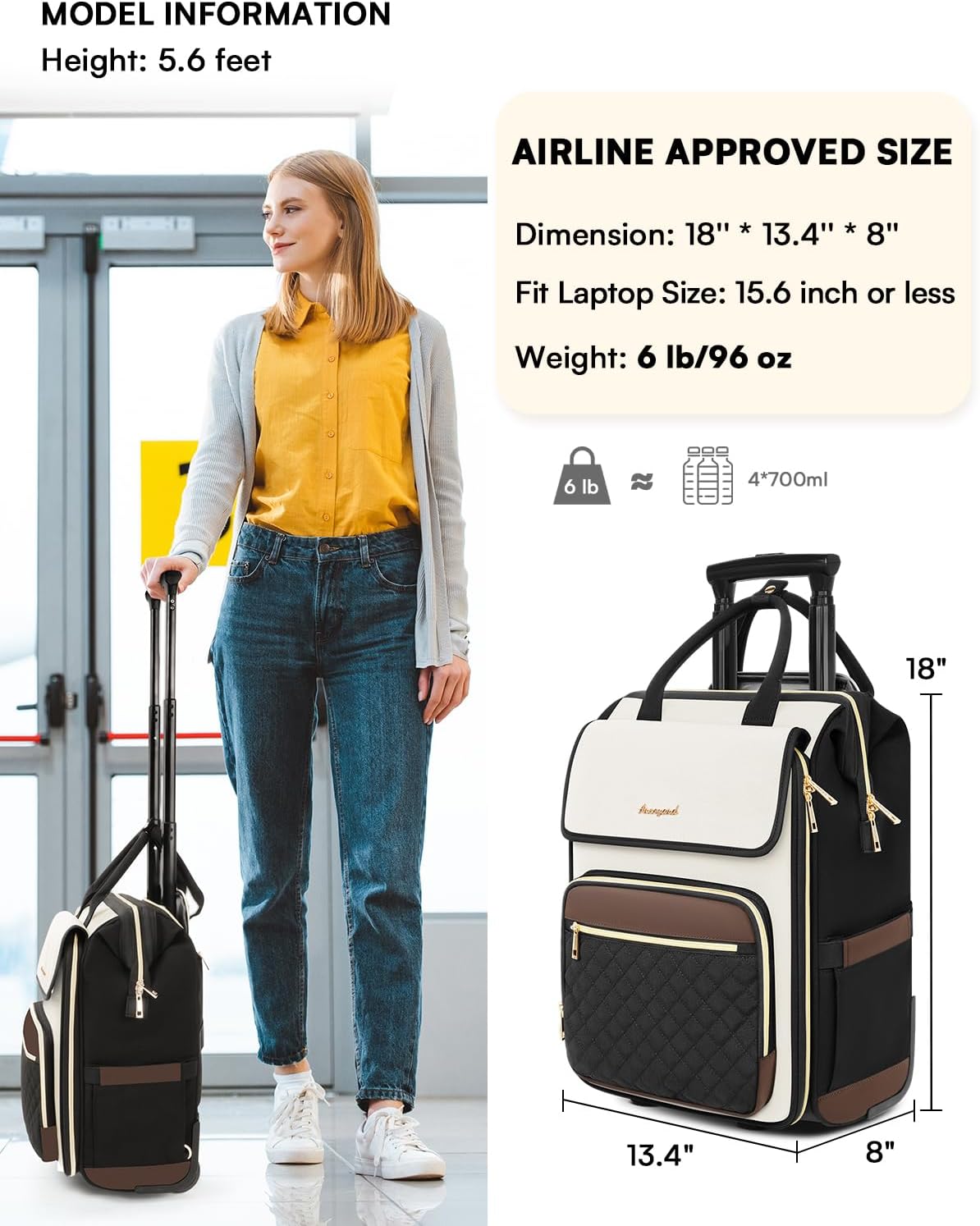 Rolling Backpack for Women, Travel Rolling Laptop Backpack with Wheels, Vertical & Horizontal Storage 2 In 1, Flip-Top Design, Water-Resistant Overnight College Underseat Carry on Luggage, Navy Blue