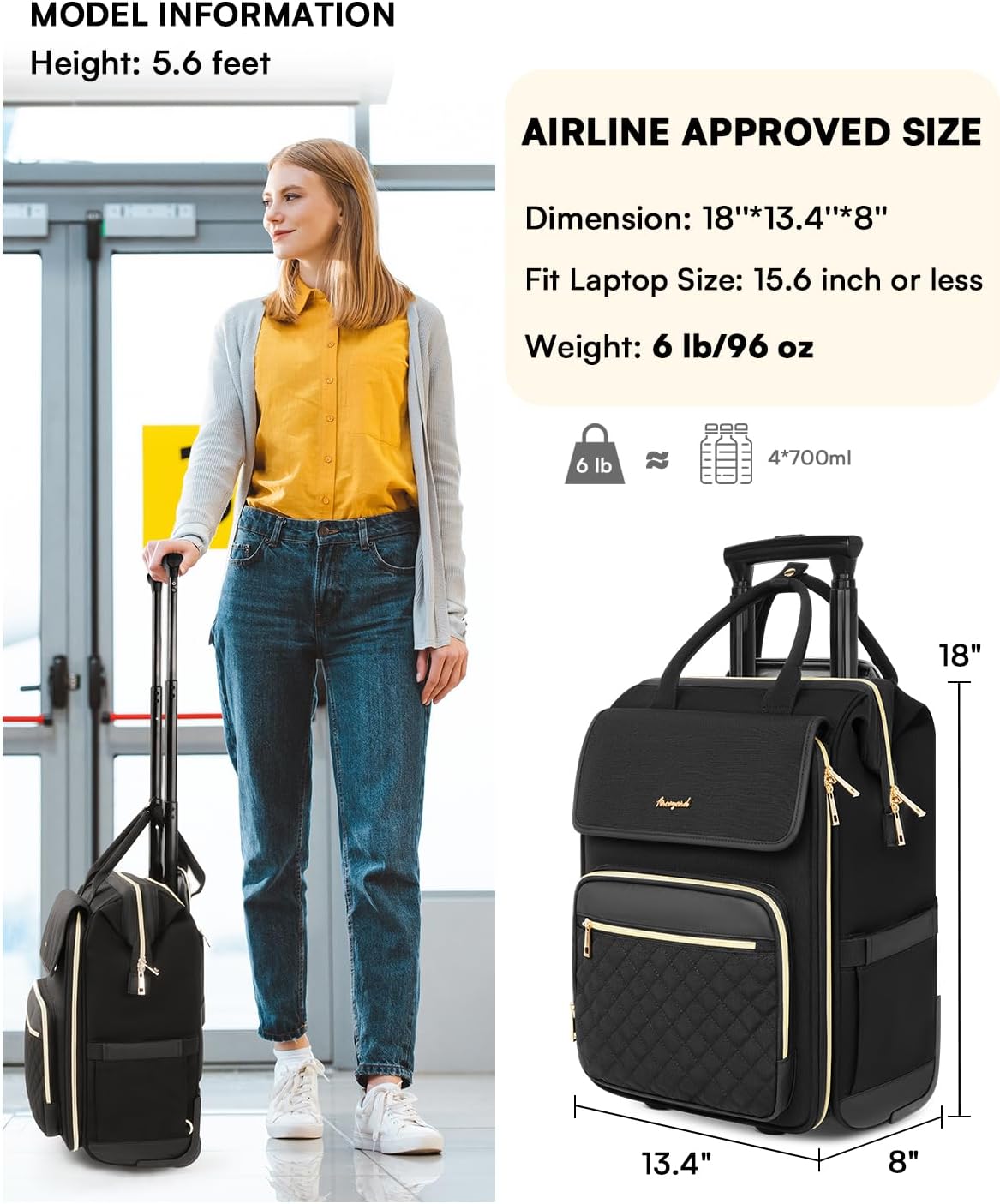 Rolling Backpack for Women, Travel Rolling Laptop Backpack with Wheels, Vertical & Horizontal Storage 2 In 1, Flip-Top Design, Water-Resistant Overnight College Underseat Carry on Luggage, Navy Blue