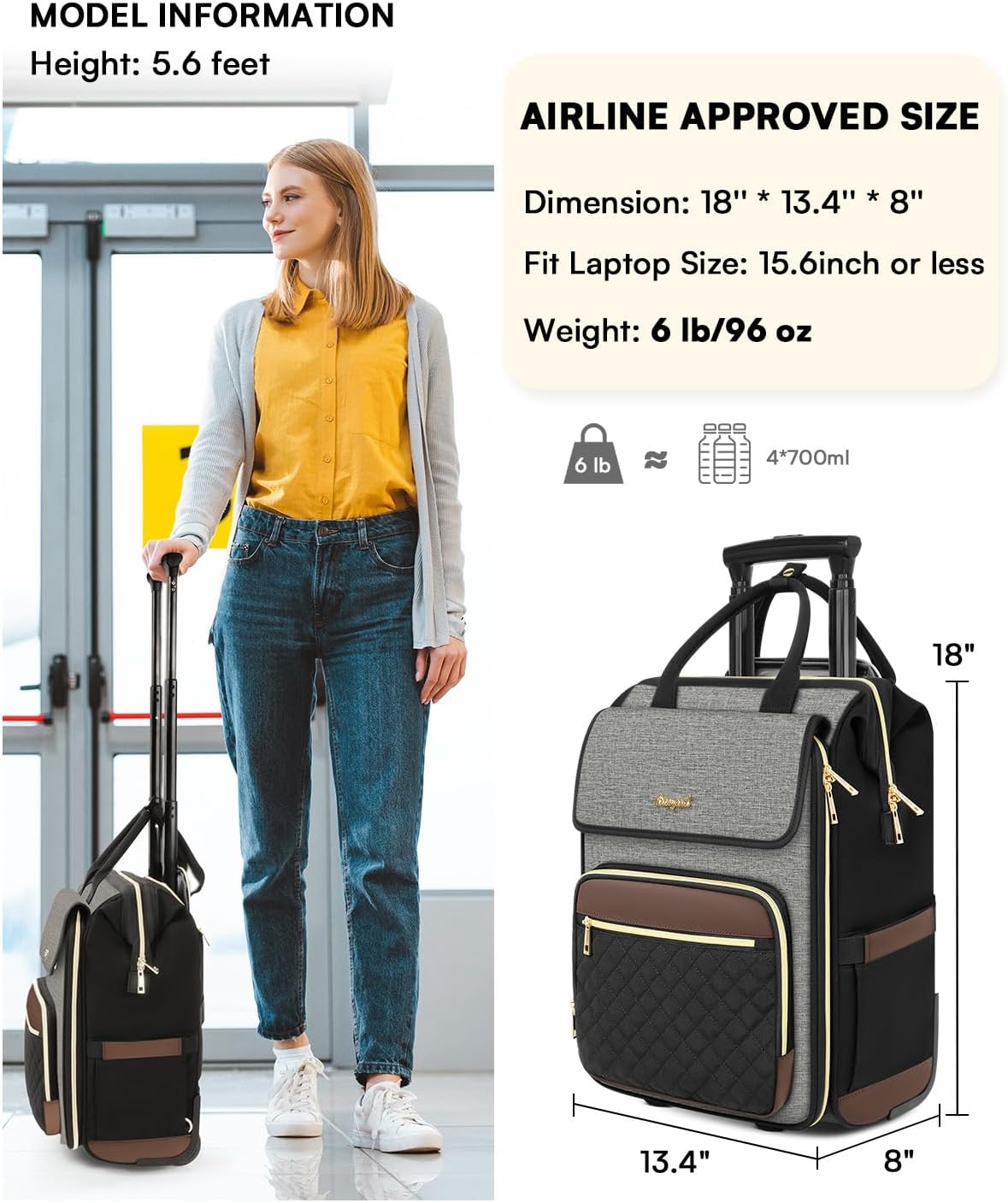 Rolling Backpack for Women, Travel Rolling Laptop Backpack with Wheels, Vertical & Horizontal Storage 2 In 1, Flip-Top Design, Water-Resistant Overnight College Underseat Carry on Luggage, Navy Blue