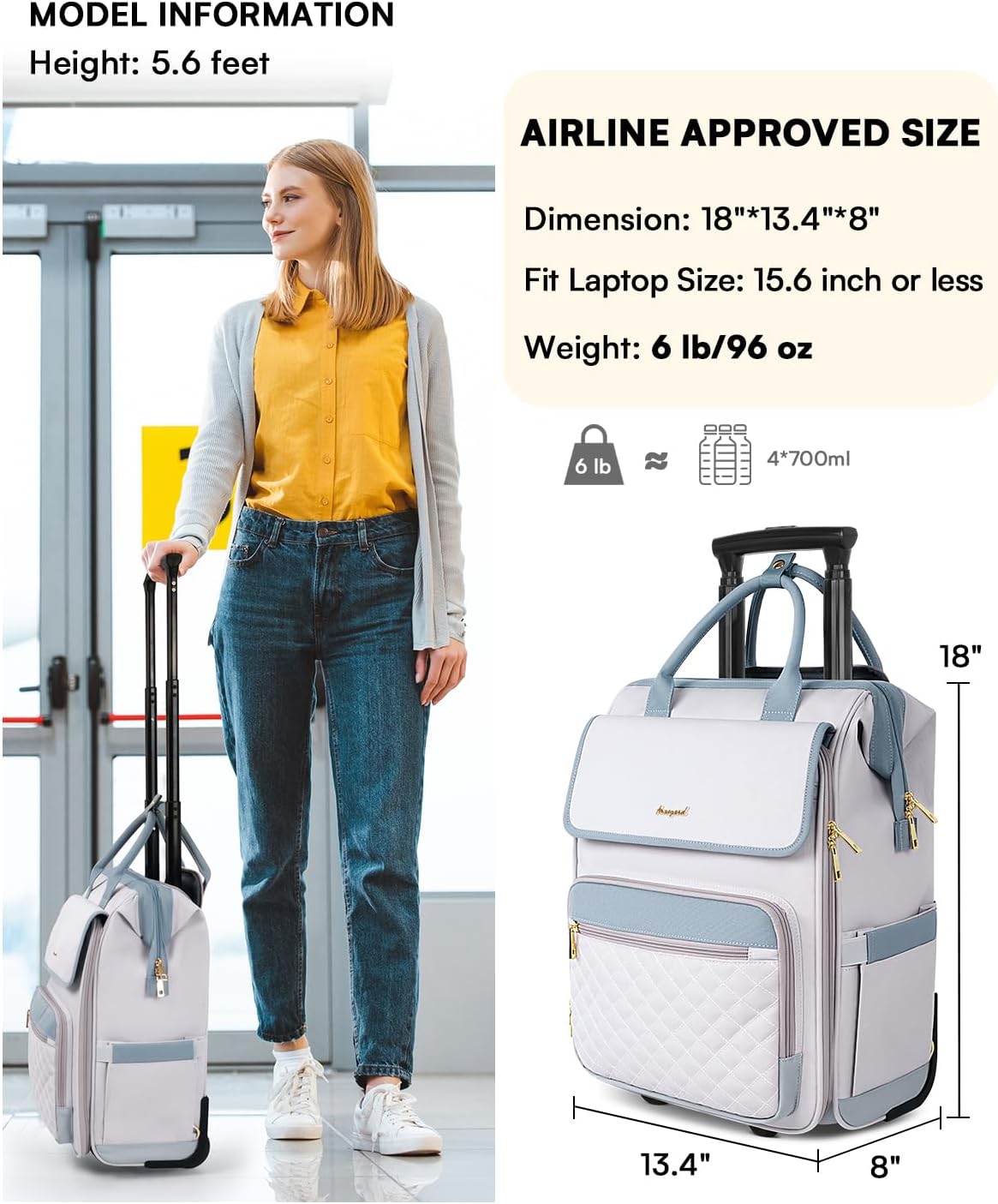 Rolling Backpack for Women, Travel Rolling Laptop Backpack with Wheels, Vertical & Horizontal Storage 2 In 1, Flip-Top Design, Water-Resistant Overnight College Underseat Carry on Luggage, Navy Blue