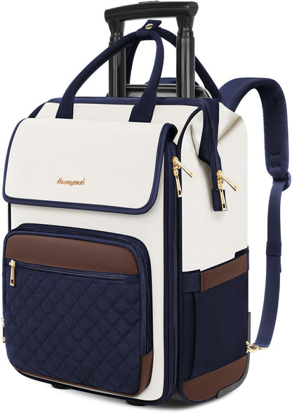 Rolling Backpack for Women, Travel Rolling Laptop Backpack with Wheels, Vertical & Horizontal Storage 2 In 1, Flip-Top Design, Water-Resistant Overnight College Underseat Carry on Luggage, Navy Blue