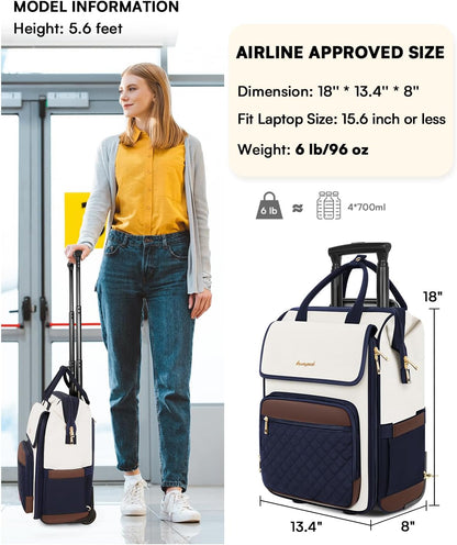 Rolling Backpack for Women, Travel Rolling Laptop Backpack with Wheels, Vertical & Horizontal Storage 2 In 1, Flip-Top Design, Water-Resistant Overnight College Underseat Carry on Luggage, Navy Blue