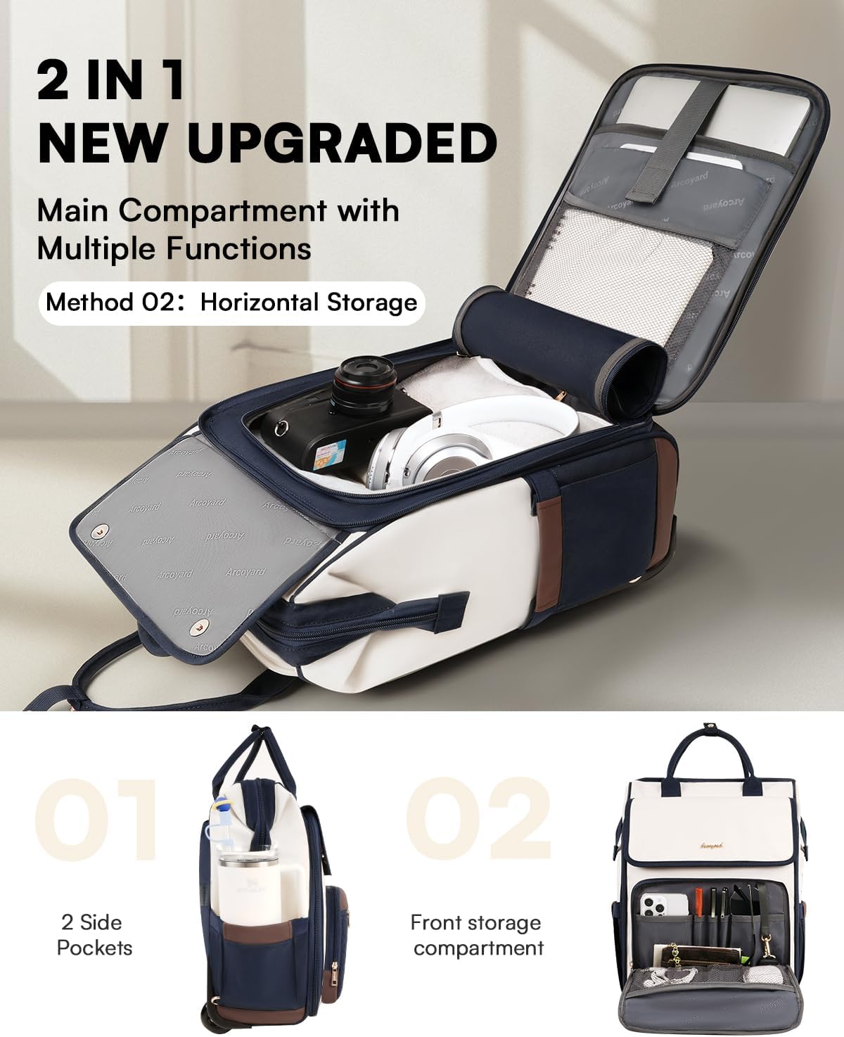 Rolling Backpack for Women, Travel Rolling Laptop Backpack with Wheels, Vertical & Horizontal Storage 2 In 1, Flip-Top Design, Water-Resistant Overnight College Underseat Carry on Luggage, Navy Blue