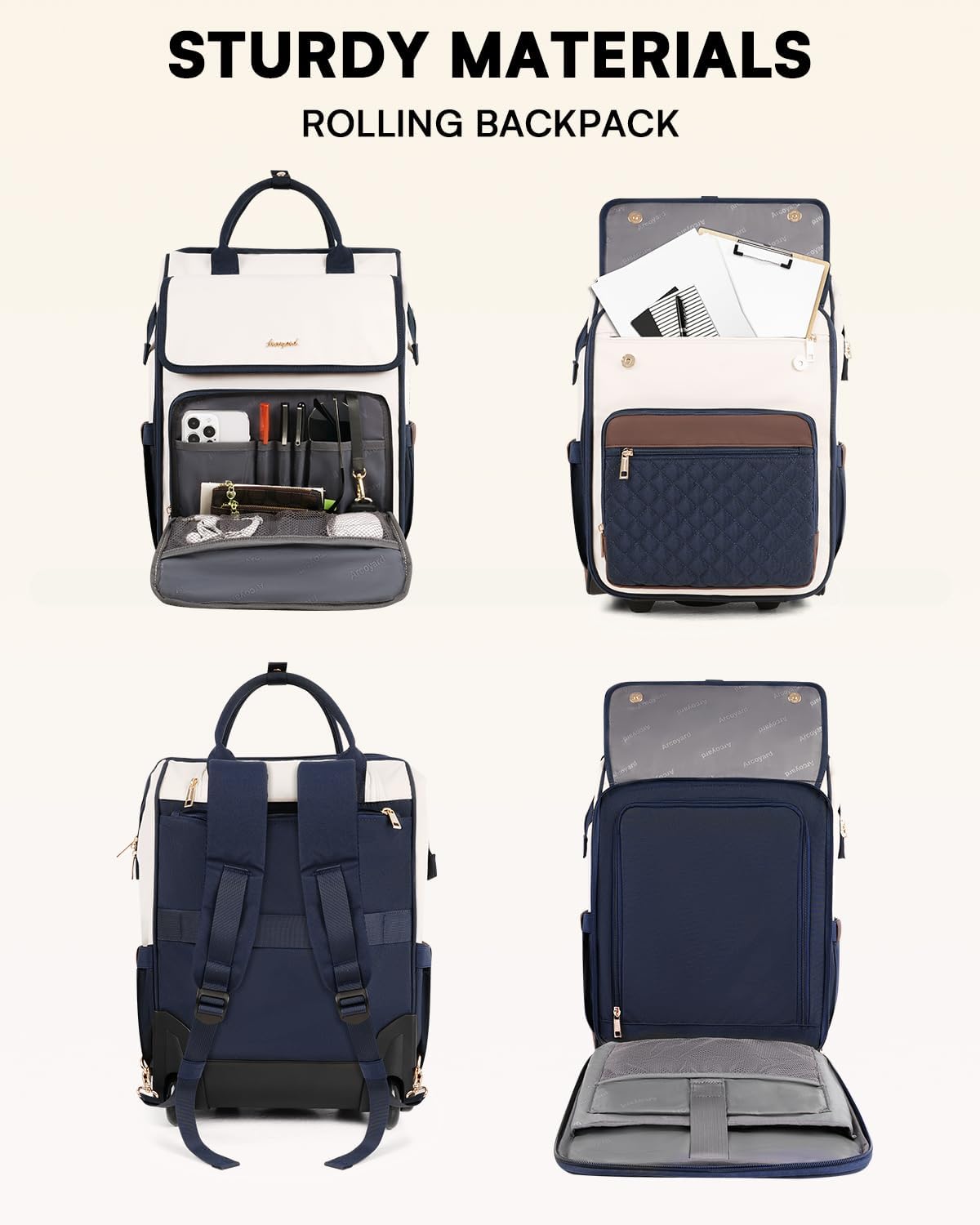 Rolling Backpack for Women, Travel Rolling Laptop Backpack with Wheels, Vertical & Horizontal Storage 2 In 1, Flip-Top Design, Water-Resistant Overnight College Underseat Carry on Luggage, Navy Blue