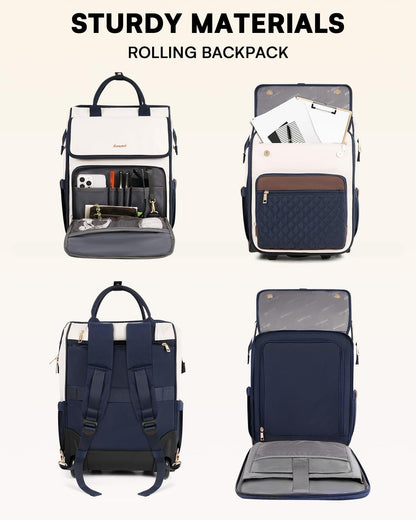 Rolling Backpack for Women, Travel Rolling Laptop Backpack with Wheels, Vertical & Horizontal Storage 2 In 1, Flip-Top Design, Water-Resistant Overnight College Underseat Carry on Luggage, Navy Blue