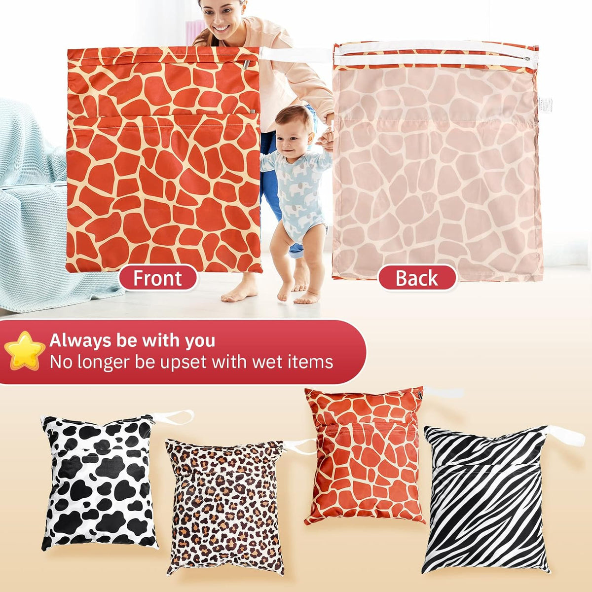 4 Pack 12 x 14 in Wet Bags for Swimsuits, Waterproof Reusable Travel Wet Dry Bags with Zippered Pockets for Beach Pool Swimwear, Towels, Gym, Cloth Diapers, Summer Vacation(Flower)