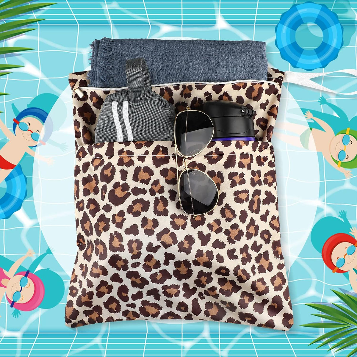 4 Pack 12 x 14 in Wet Bags for Swimsuits, Waterproof Reusable Travel Wet Dry Bags with Zippered Pockets for Beach Pool Swimwear, Towels, Gym, Cloth Diapers, Summer Vacation(Flower)