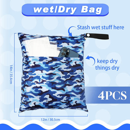 4 Pack 12 x 14 in Wet Bags for Swimsuits, Waterproof Reusable Travel Wet Dry Bags with Zippered Pockets for Beach Pool Swimwear, Towels, Gym, Cloth Diapers, Summer Vacation(Flower)