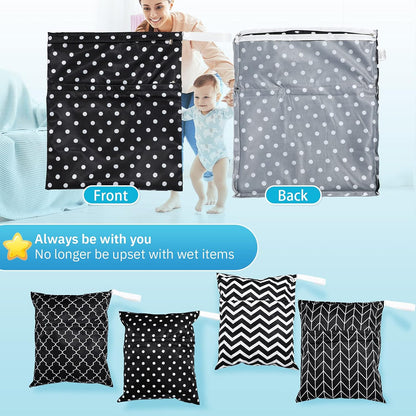 4 Pack 12 x 14 in Wet Bags for Swimsuits, Waterproof Reusable Travel Wet Dry Bags with Zippered Pockets for Beach Pool Swimwear, Towels, Gym, Cloth Diapers, Summer Vacation(Flower)