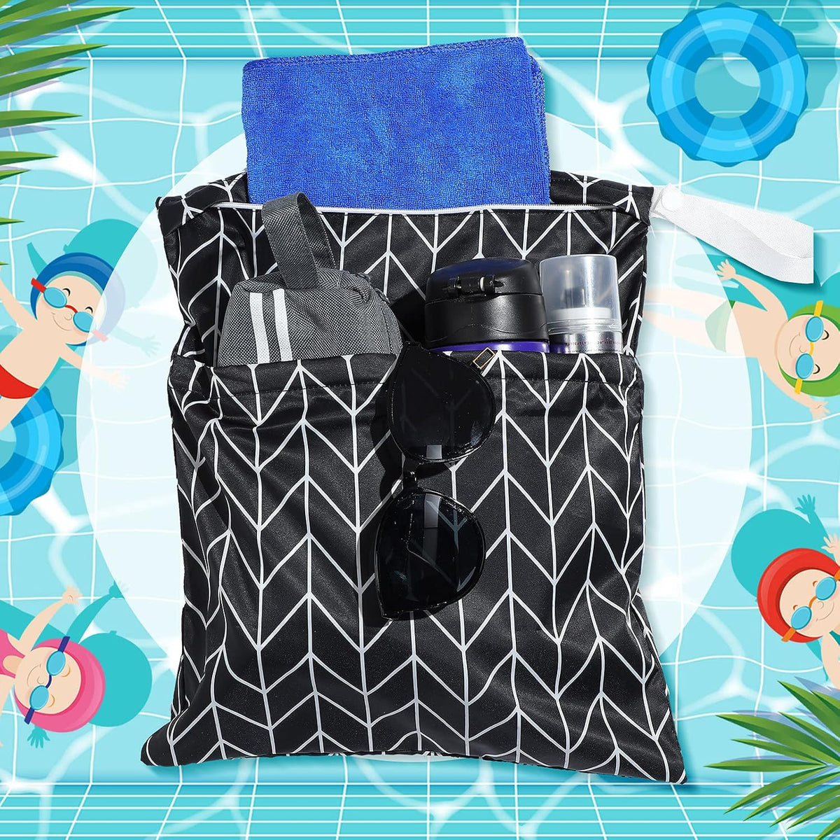 4 Pack 12 x 14 in Wet Bags for Swimsuits, Waterproof Reusable Travel Wet Dry Bags with Zippered Pockets for Beach Pool Swimwear, Towels, Gym, Cloth Diapers, Summer Vacation(Flower)