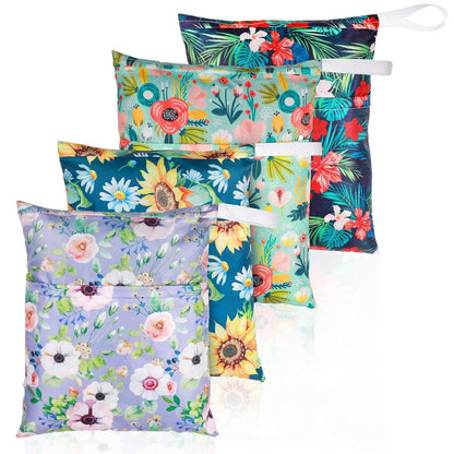 4 Pack 12 x 14 in Wet Bags for Swimsuits, Waterproof Reusable Travel Wet Dry Bags with Zippered Pockets for Beach Pool Swimwear, Towels, Gym, Cloth Diapers, Summer Vacation(Flower)