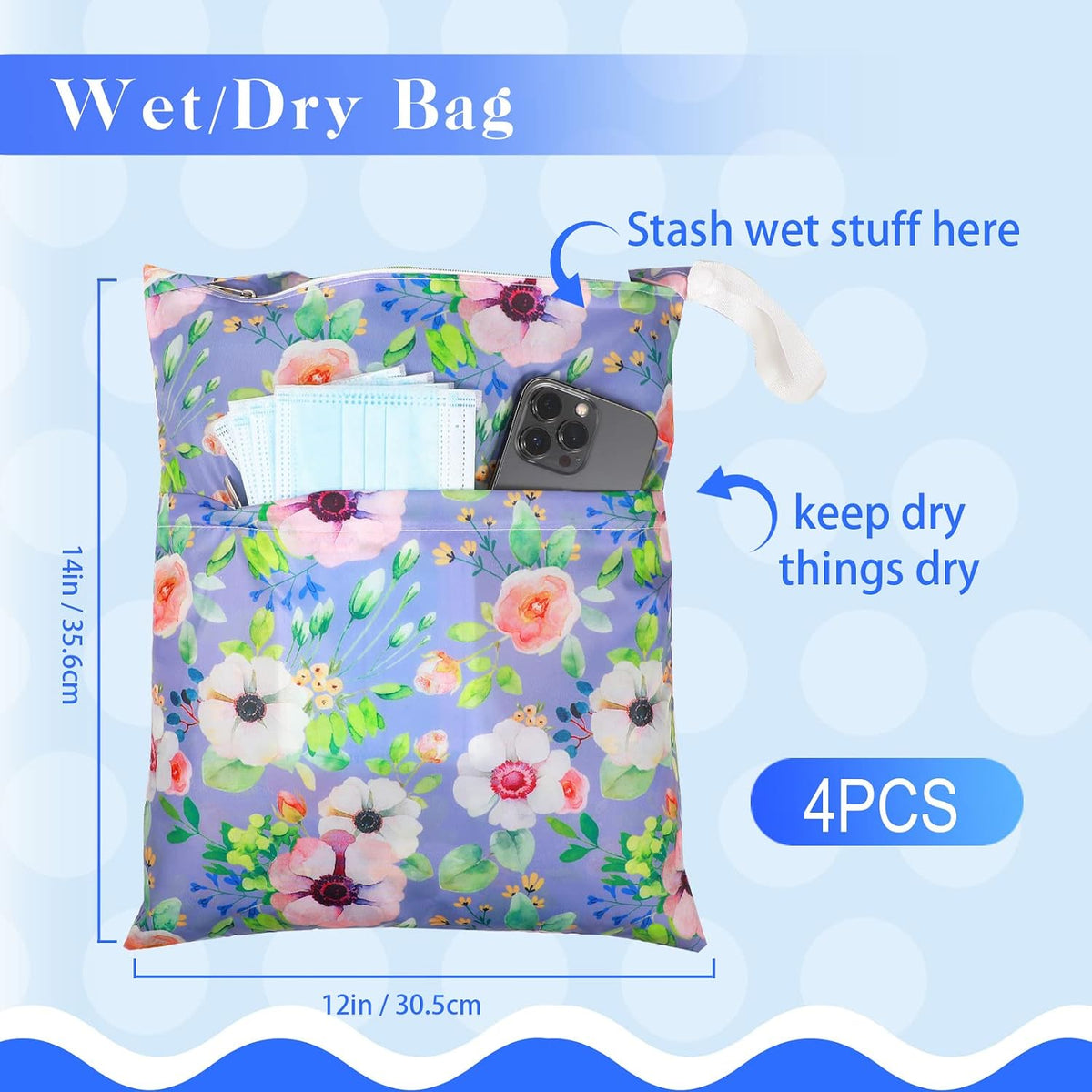 4 Pack 12 x 14 in Wet Bags for Swimsuits, Waterproof Reusable Travel Wet Dry Bags with Zippered Pockets for Beach Pool Swimwear, Towels, Gym, Cloth Diapers, Summer Vacation(Flower)