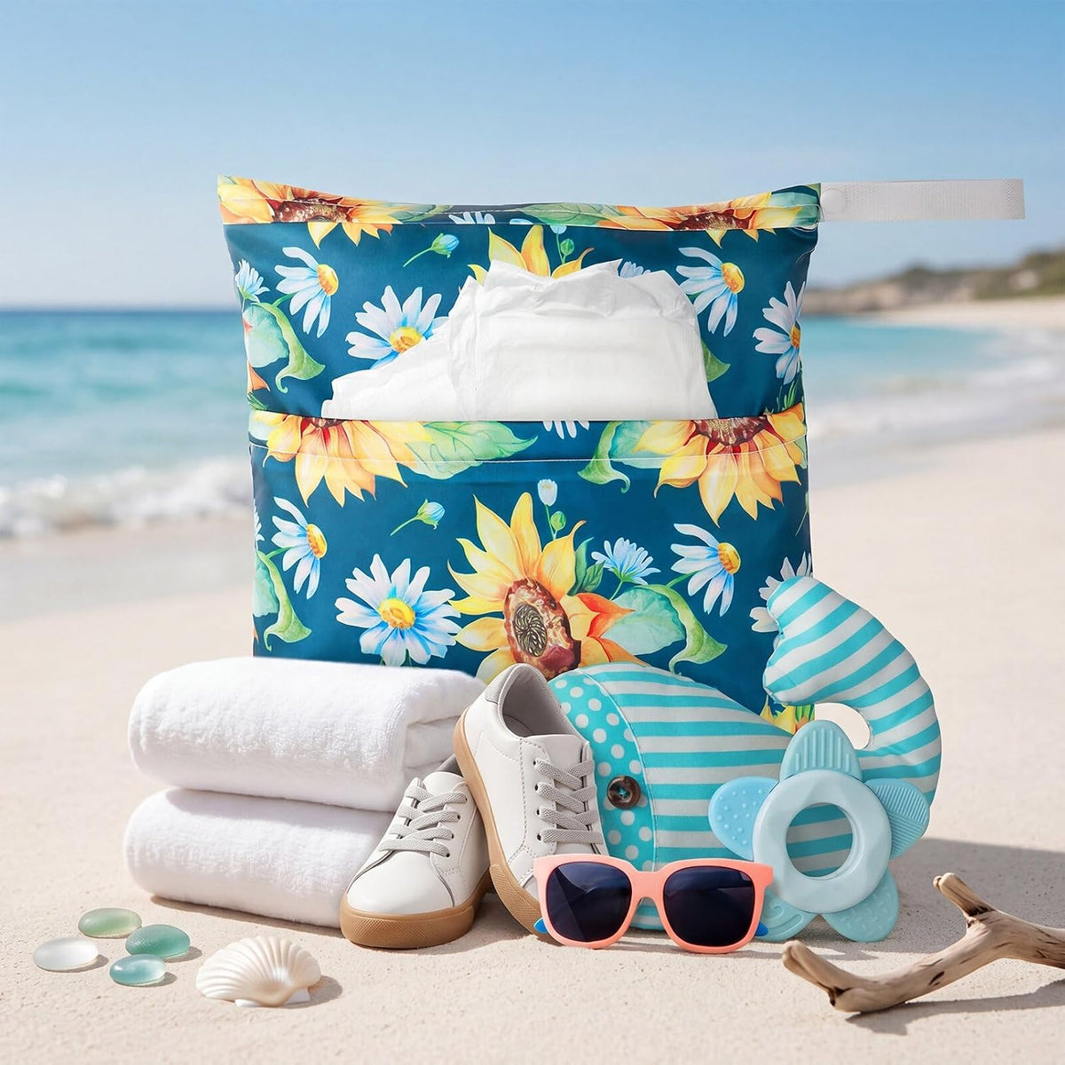 4 Pack 12 x 14 in Wet Bags for Swimsuits, Waterproof Reusable Travel Wet Dry Bags with Zippered Pockets for Beach Pool Swimwear, Towels, Gym, Cloth Diapers, Summer Vacation(Flower)