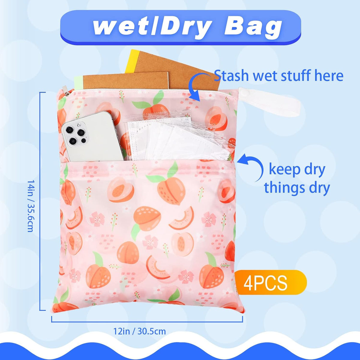 4 Pack 12 x 14 in Wet Bags for Swimsuits, Waterproof Reusable Travel Wet Dry Bags with Zippered Pockets for Beach Pool Swimwear, Towels, Gym, Cloth Diapers, Summer Vacation(Flower)