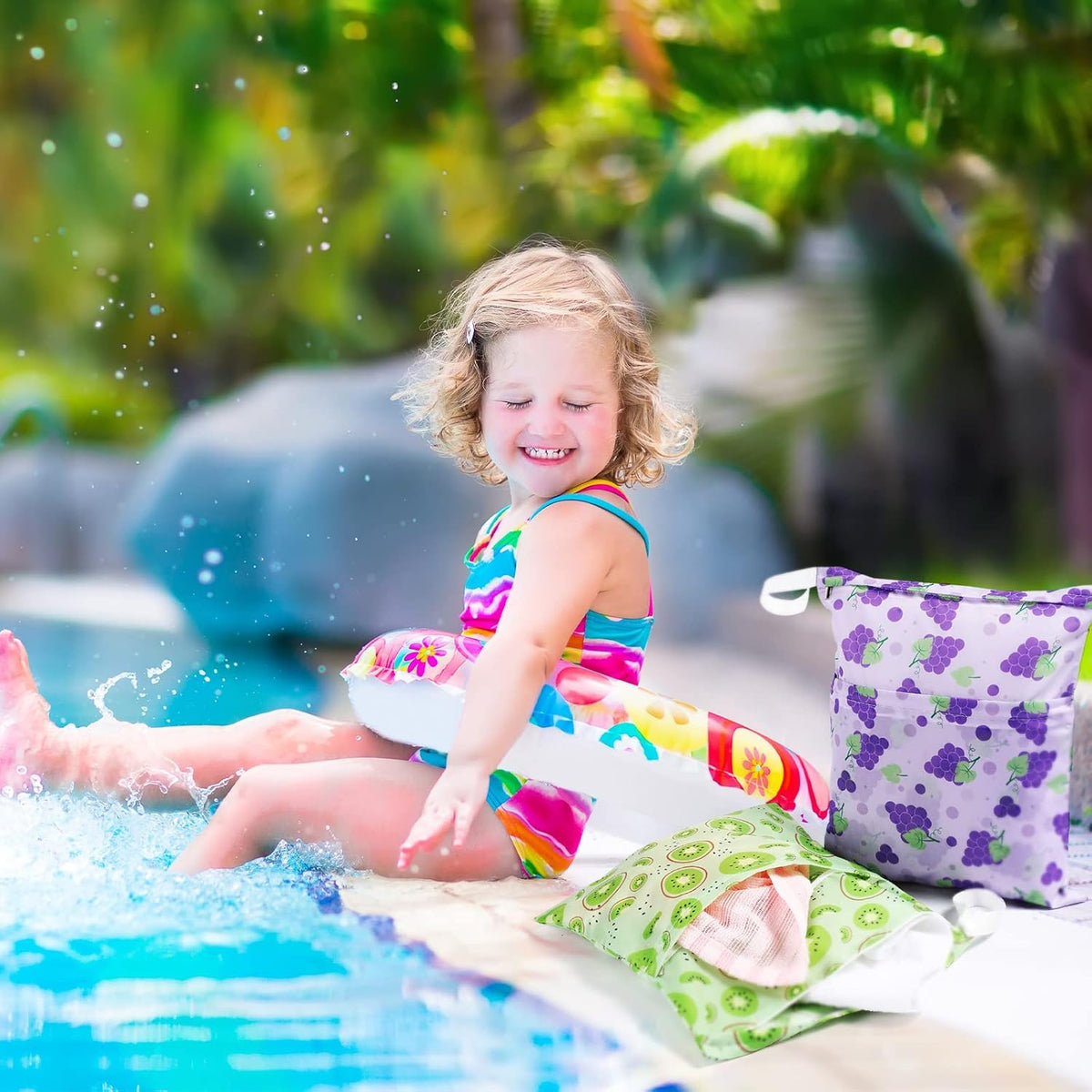 4 Pack 12 x 14 in Wet Bags for Swimsuits, Waterproof Reusable Travel Wet Dry Bags with Zippered Pockets for Beach Pool Swimwear, Towels, Gym, Cloth Diapers, Summer Vacation(Flower)