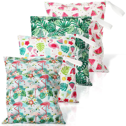 4 Pack 12 x 14 in Wet Bags for Swimsuits, Waterproof Reusable Travel Wet Dry Bags with Zippered Pockets for Beach Pool Swimwear, Towels, Gym, Cloth Diapers, Summer Vacation(Flower)
