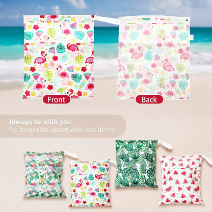 4 Pack 12 x 14 in Wet Bags for Swimsuits, Waterproof Reusable Travel Wet Dry Bags with Zippered Pockets for Beach Pool Swimwear, Towels, Gym, Cloth Diapers, Summer Vacation(Flower)