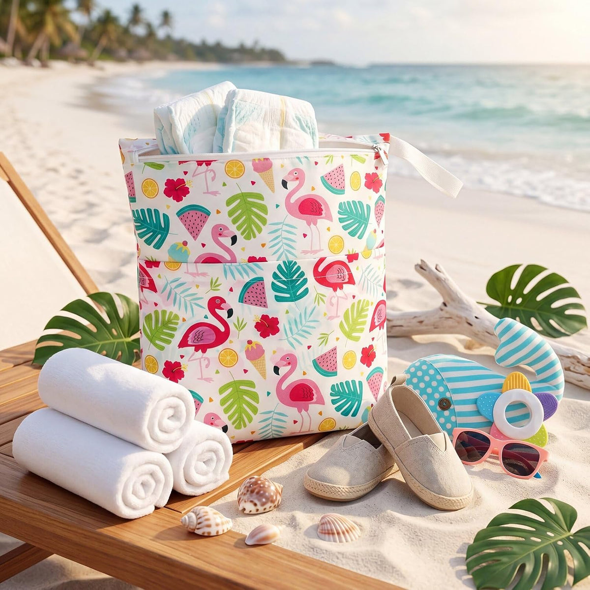 4 Pack 12 x 14 in Wet Bags for Swimsuits, Waterproof Reusable Travel Wet Dry Bags with Zippered Pockets for Beach Pool Swimwear, Towels, Gym, Cloth Diapers, Summer Vacation(Flower)