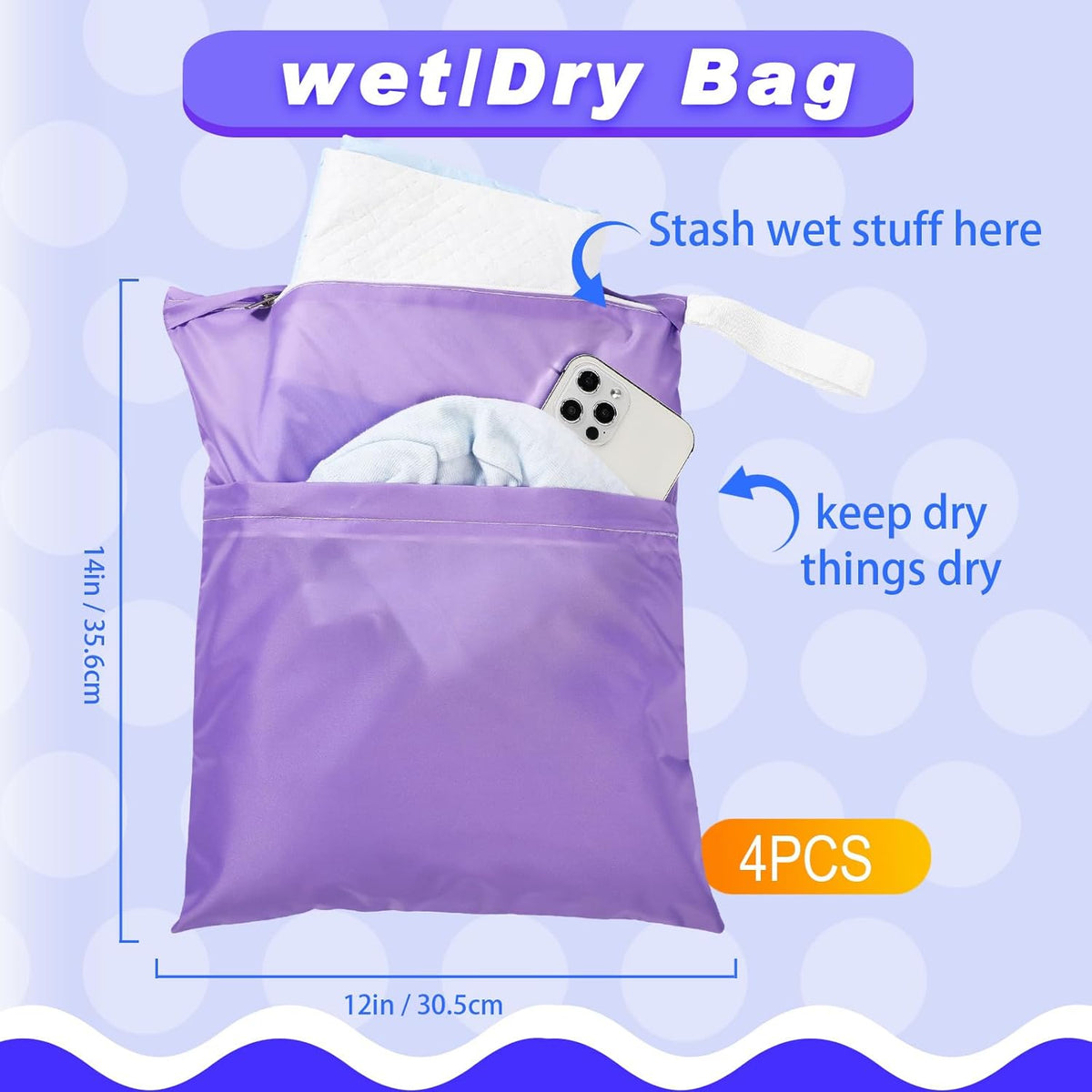 4 Pack 12 x 14 in Wet Bags for Swimsuits, Waterproof Reusable Travel Wet Dry Bags with Zippered Pockets for Beach Pool Swimwear, Towels, Gym, Cloth Diapers, Summer Vacation(Flower)