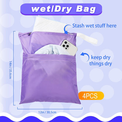 4 Pack 12 x 14 in Wet Bags for Swimsuits, Waterproof Reusable Travel Wet Dry Bags with Zippered Pockets for Beach Pool Swimwear, Towels, Gym, Cloth Diapers, Summer Vacation(Flower)