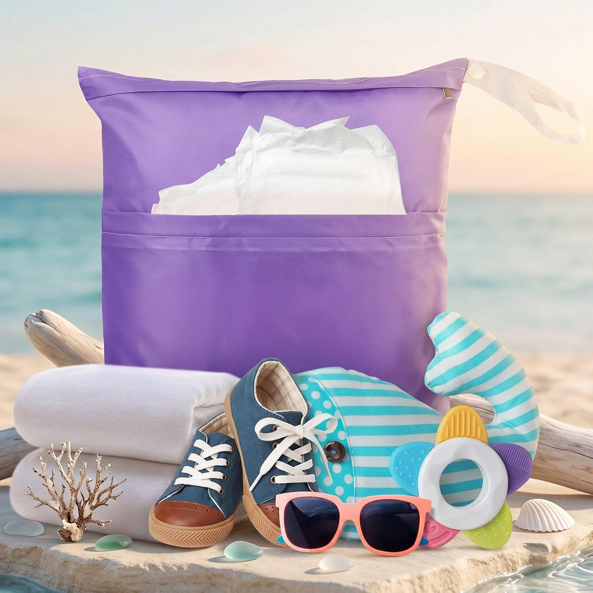 4 Pack 12 x 14 in Wet Bags for Swimsuits, Waterproof Reusable Travel Wet Dry Bags with Zippered Pockets for Beach Pool Swimwear, Towels, Gym, Cloth Diapers, Summer Vacation(Flower)