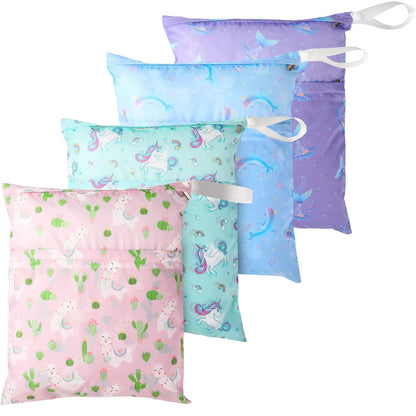 4 Pack 12 x 14 in Wet Bags for Swimsuits, Waterproof Reusable Travel Wet Dry Bags with Zippered Pockets for Beach Pool Swimwear, Towels, Gym, Cloth Diapers, Summer Vacation(Flower)