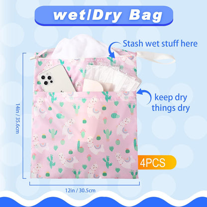 4 Pack 12 x 14 in Wet Bags for Swimsuits, Waterproof Reusable Travel Wet Dry Bags with Zippered Pockets for Beach Pool Swimwear, Towels, Gym, Cloth Diapers, Summer Vacation(Flower)