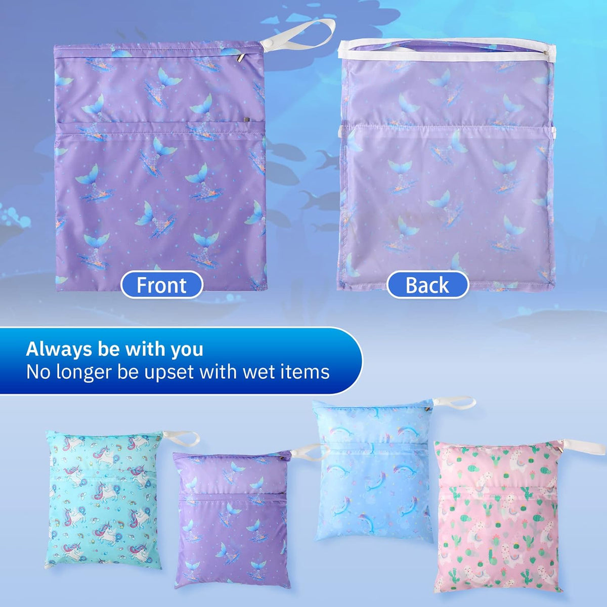 4 Pack 12 x 14 in Wet Bags for Swimsuits, Waterproof Reusable Travel Wet Dry Bags with Zippered Pockets for Beach Pool Swimwear, Towels, Gym, Cloth Diapers, Summer Vacation(Flower)
