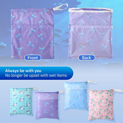 4 Pack 12 x 14 in Wet Bags for Swimsuits, Waterproof Reusable Travel Wet Dry Bags with Zippered Pockets for Beach Pool Swimwear, Towels, Gym, Cloth Diapers, Summer Vacation(Flower)