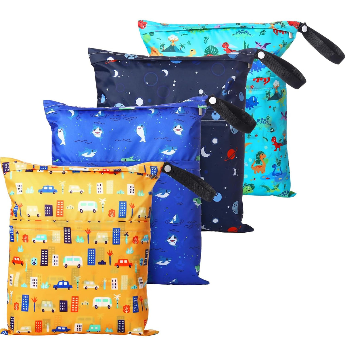4 Pack 12 x 14 in Wet Bags for Swimsuits, Waterproof Reusable Travel Wet Dry Bags with Zippered Pockets for Beach Pool Swimwear, Towels, Gym, Cloth Diapers, Summer Vacation(Flower)