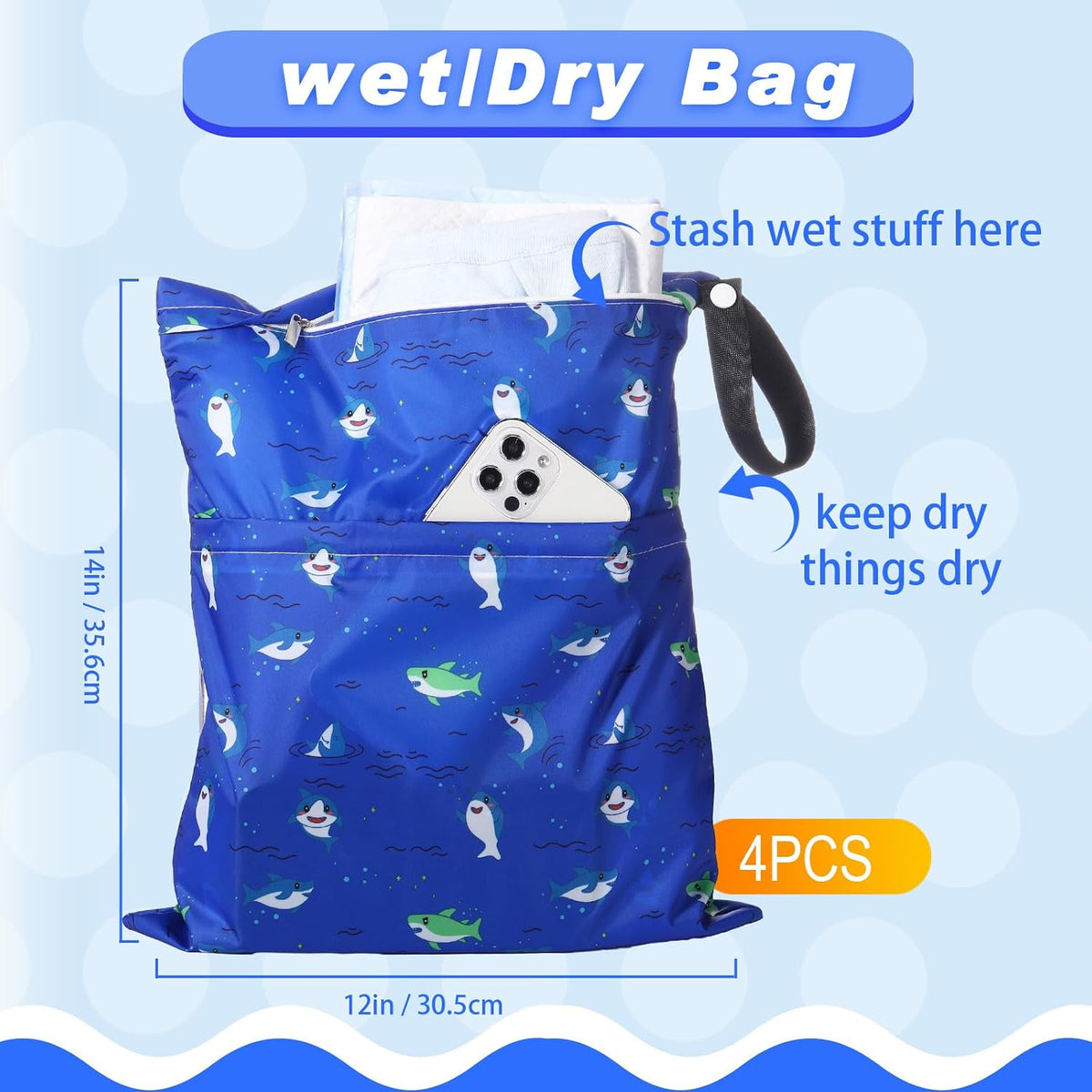 4 Pack 12 x 14 in Wet Bags for Swimsuits, Waterproof Reusable Travel Wet Dry Bags with Zippered Pockets for Beach Pool Swimwear, Towels, Gym, Cloth Diapers, Summer Vacation(Flower)