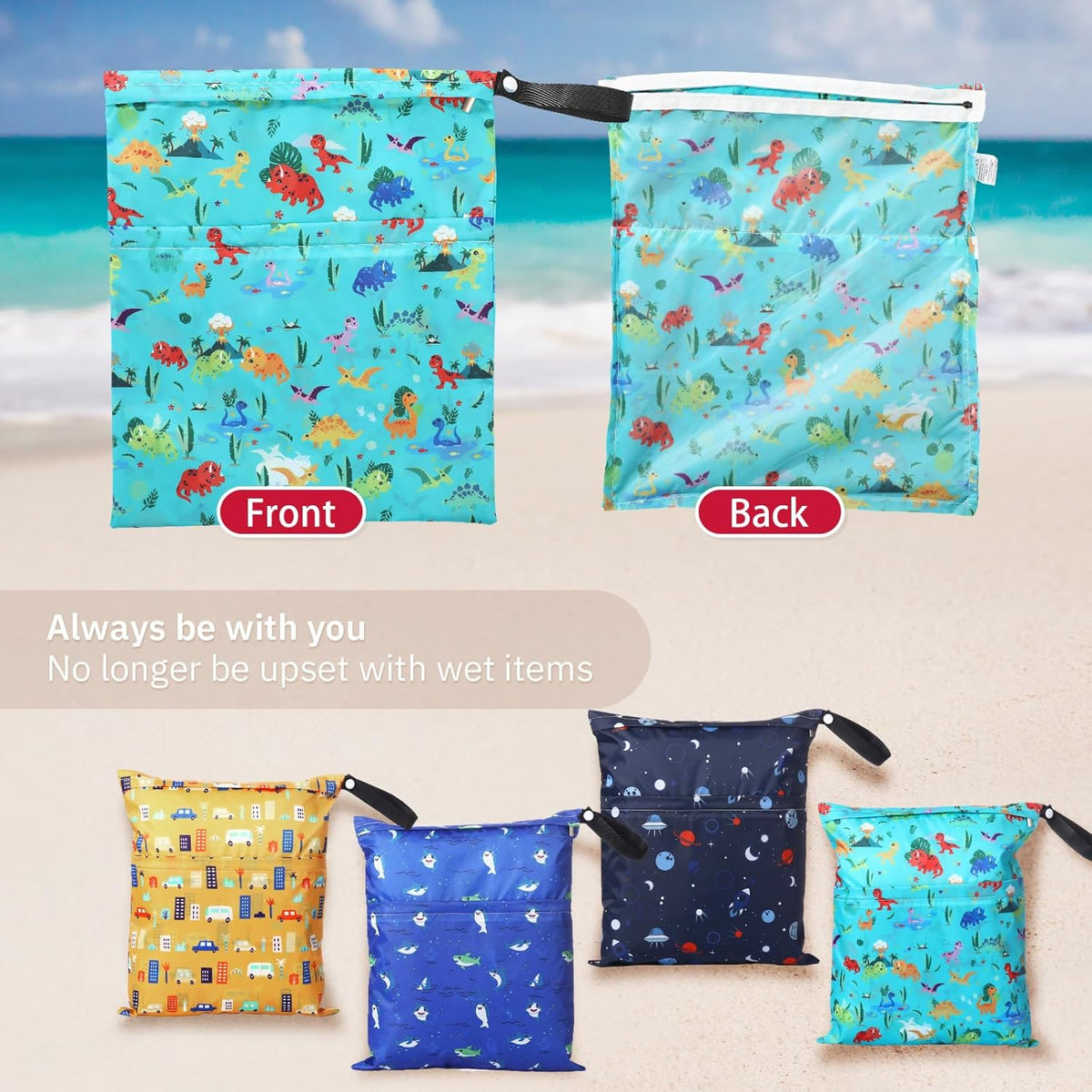 4 Pack 12 x 14 in Wet Bags for Swimsuits, Waterproof Reusable Travel Wet Dry Bags with Zippered Pockets for Beach Pool Swimwear, Towels, Gym, Cloth Diapers, Summer Vacation(Flower)