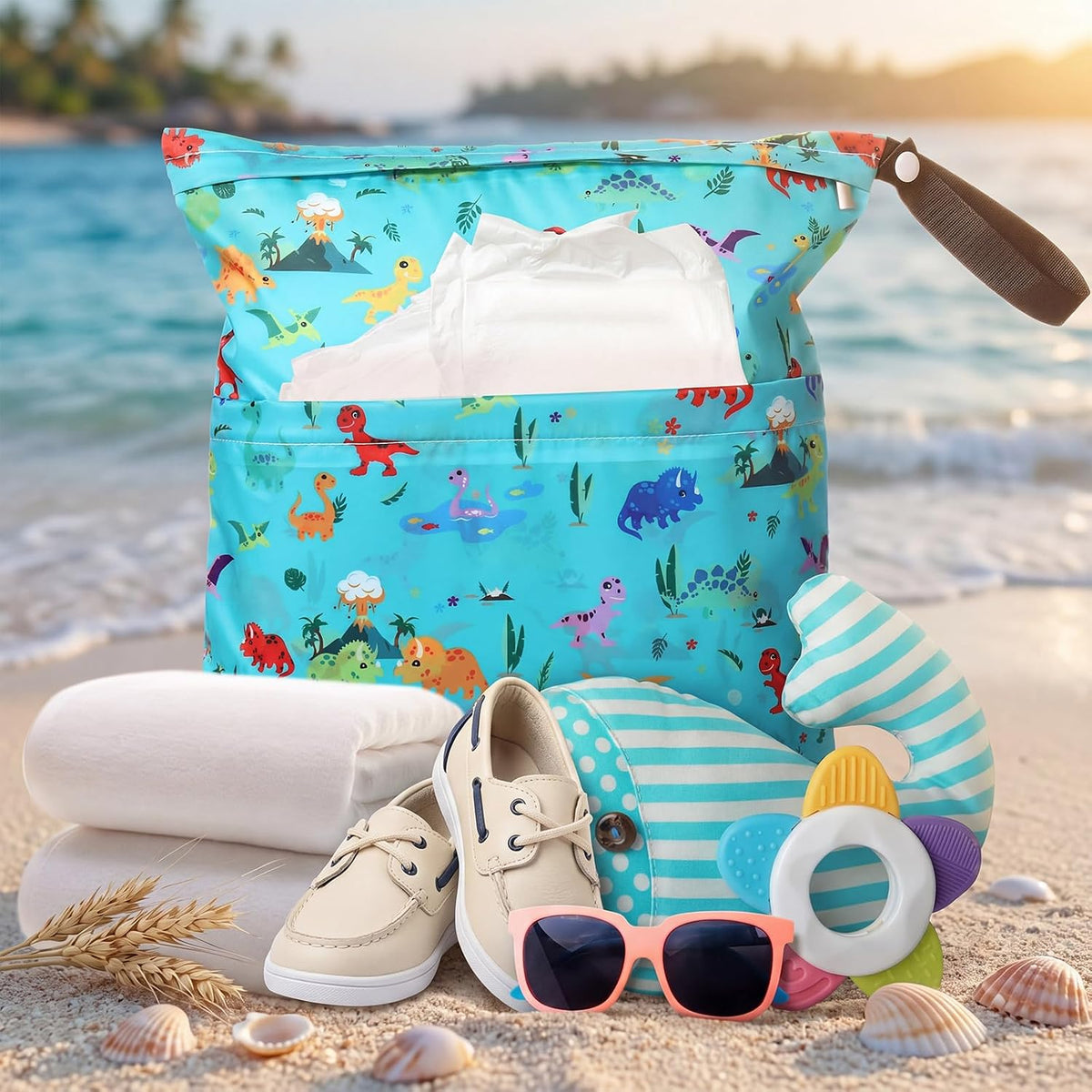 4 Pack 12 x 14 in Wet Bags for Swimsuits, Waterproof Reusable Travel Wet Dry Bags with Zippered Pockets for Beach Pool Swimwear, Towels, Gym, Cloth Diapers, Summer Vacation(Flower)