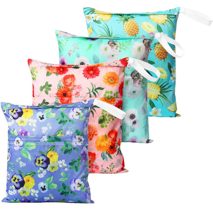 4 Pack 12 x 14 in Wet Bags for Swimsuits, Waterproof Reusable Travel Wet Dry Bags with Zippered Pockets for Beach Pool Swimwear, Towels, Gym, Cloth Diapers, Summer Vacation(Flower)