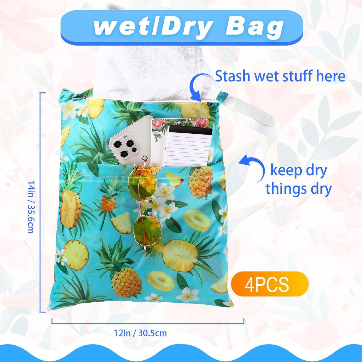 4 Pack 12 x 14 in Wet Bags for Swimsuits, Waterproof Reusable Travel Wet Dry Bags with Zippered Pockets for Beach Pool Swimwear, Towels, Gym, Cloth Diapers, Summer Vacation(Flower)