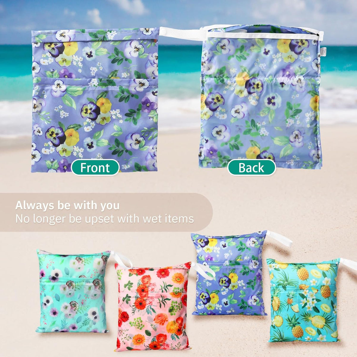 4 Pack 12 x 14 in Wet Bags for Swimsuits, Waterproof Reusable Travel Wet Dry Bags with Zippered Pockets for Beach Pool Swimwear, Towels, Gym, Cloth Diapers, Summer Vacation(Flower)