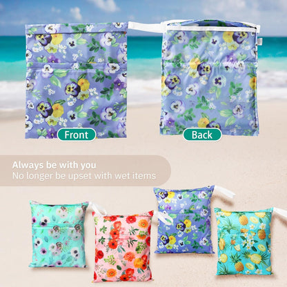 4 Pack 12 x 14 in Wet Bags for Swimsuits, Waterproof Reusable Travel Wet Dry Bags with Zippered Pockets for Beach Pool Swimwear, Towels, Gym, Cloth Diapers, Summer Vacation(Flower)