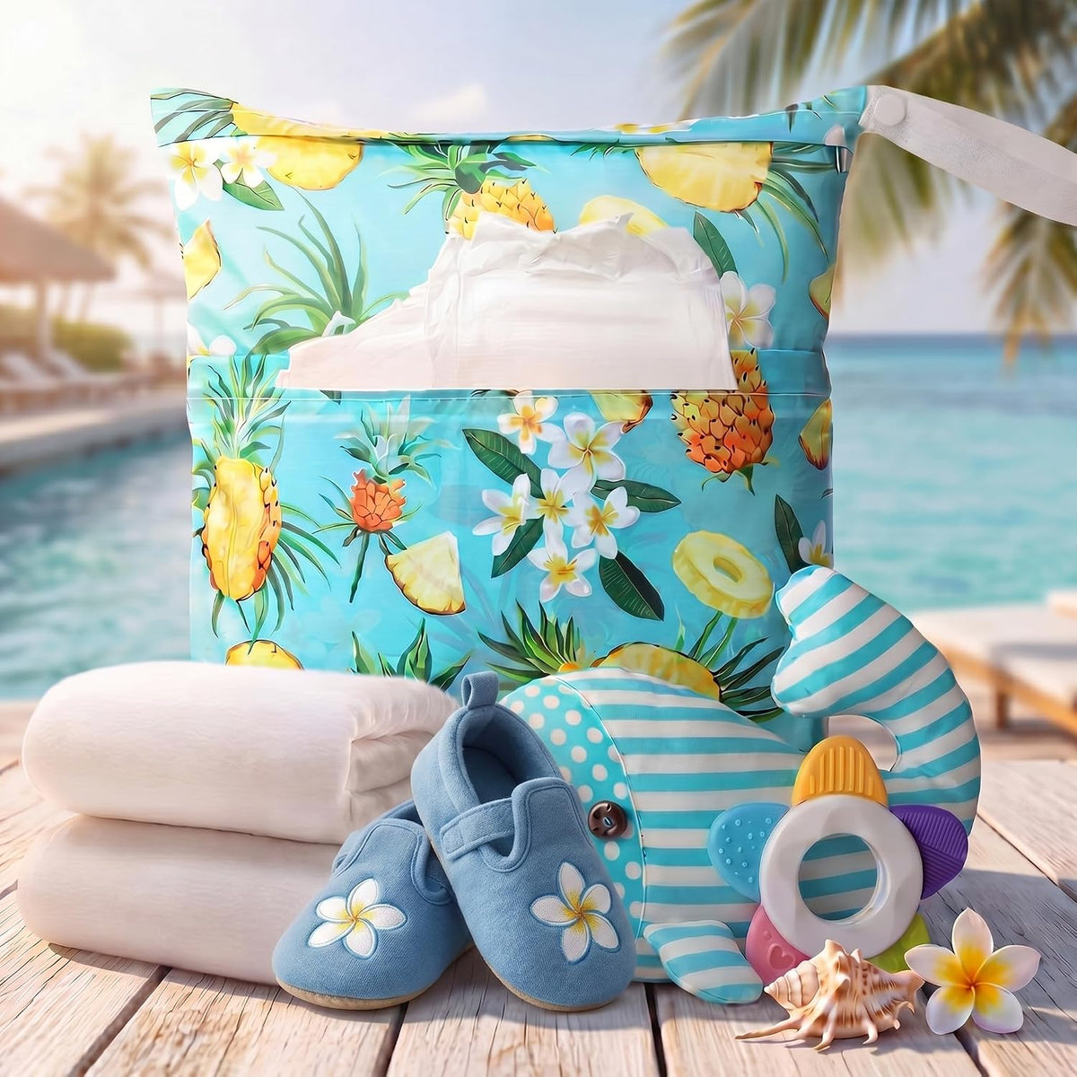 4 Pack 12 x 14 in Wet Bags for Swimsuits, Waterproof Reusable Travel Wet Dry Bags with Zippered Pockets for Beach Pool Swimwear, Towels, Gym, Cloth Diapers, Summer Vacation(Flower)